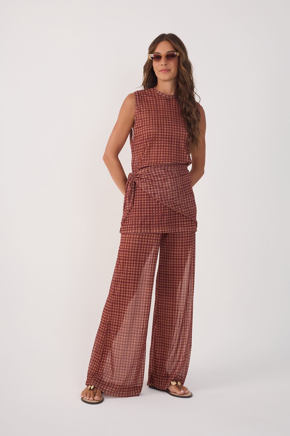 Brown Vichy Wide-Leg Tulle Pants