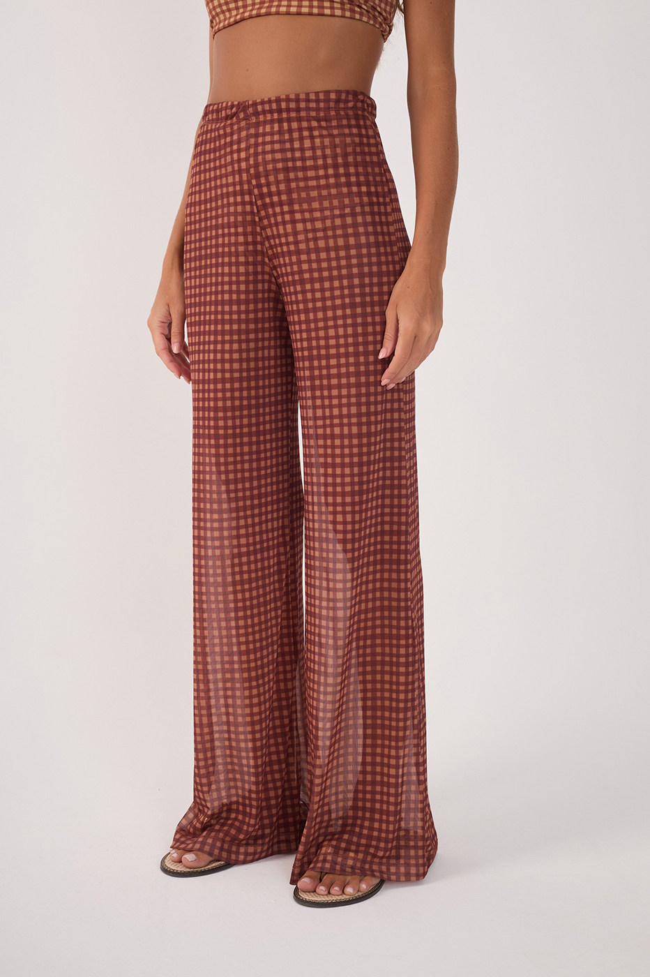Brown Vichy Wide-Leg Tulle Pants