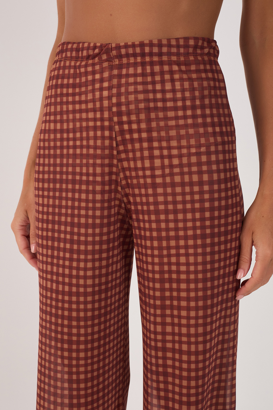 Brown Vichy Wide-Leg Tulle Pants
