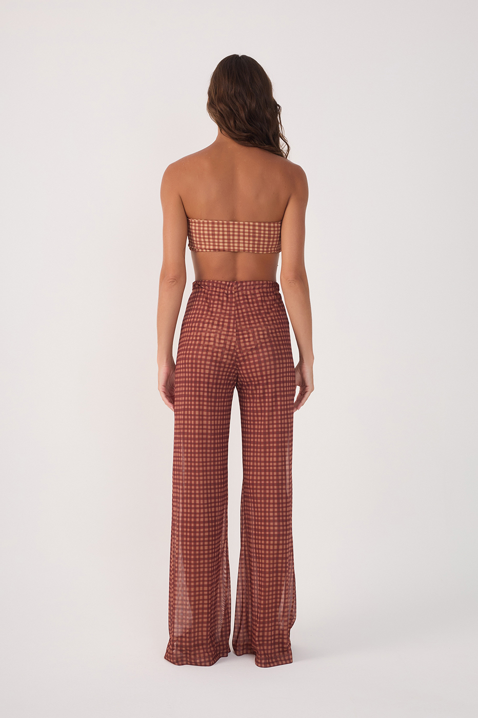 Brown Vichy Wide-Leg Tulle Pants