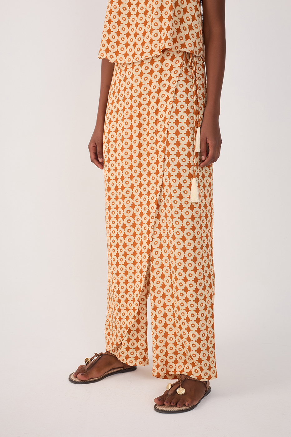 Beige Melissa Side Ties Wrap Crepe Pants