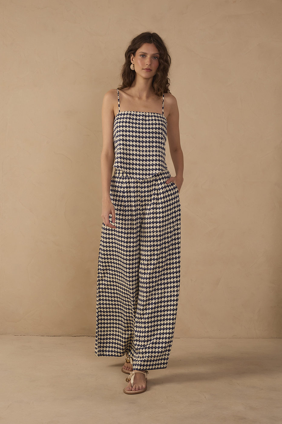 Blue Escama Elastic Waistline Wide-Leg Pants