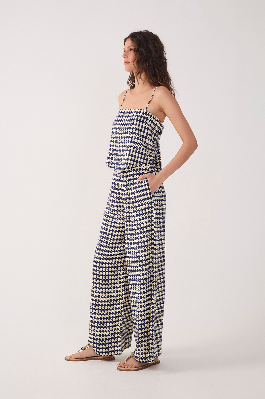 Blue Escama Elastic Waistline Wide-Leg Pants