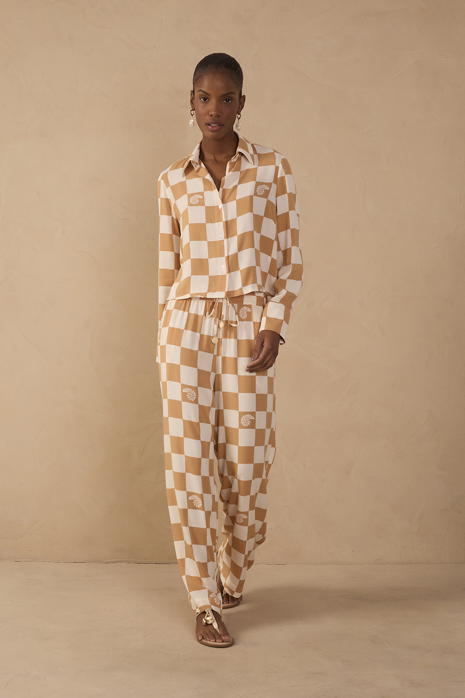 Brown Concha Plaid Drawstring Pockets Wide-Leg Pants