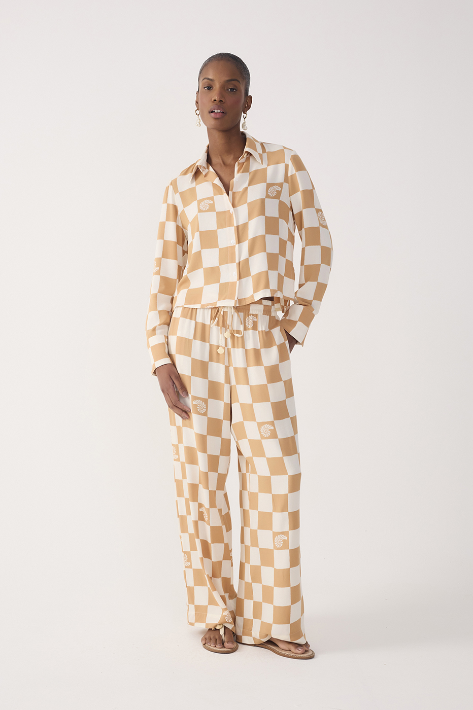 Brown Concha Plaid Drawstring Pockets Wide-Leg Pants