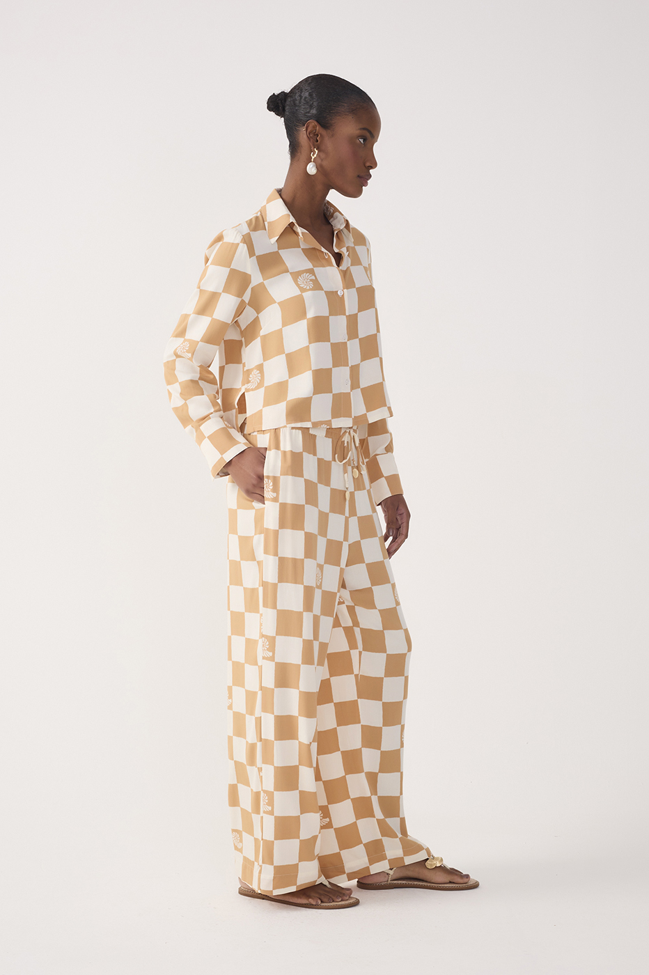 Brown Concha Plaid Drawstring Pockets Wide-Leg Pants