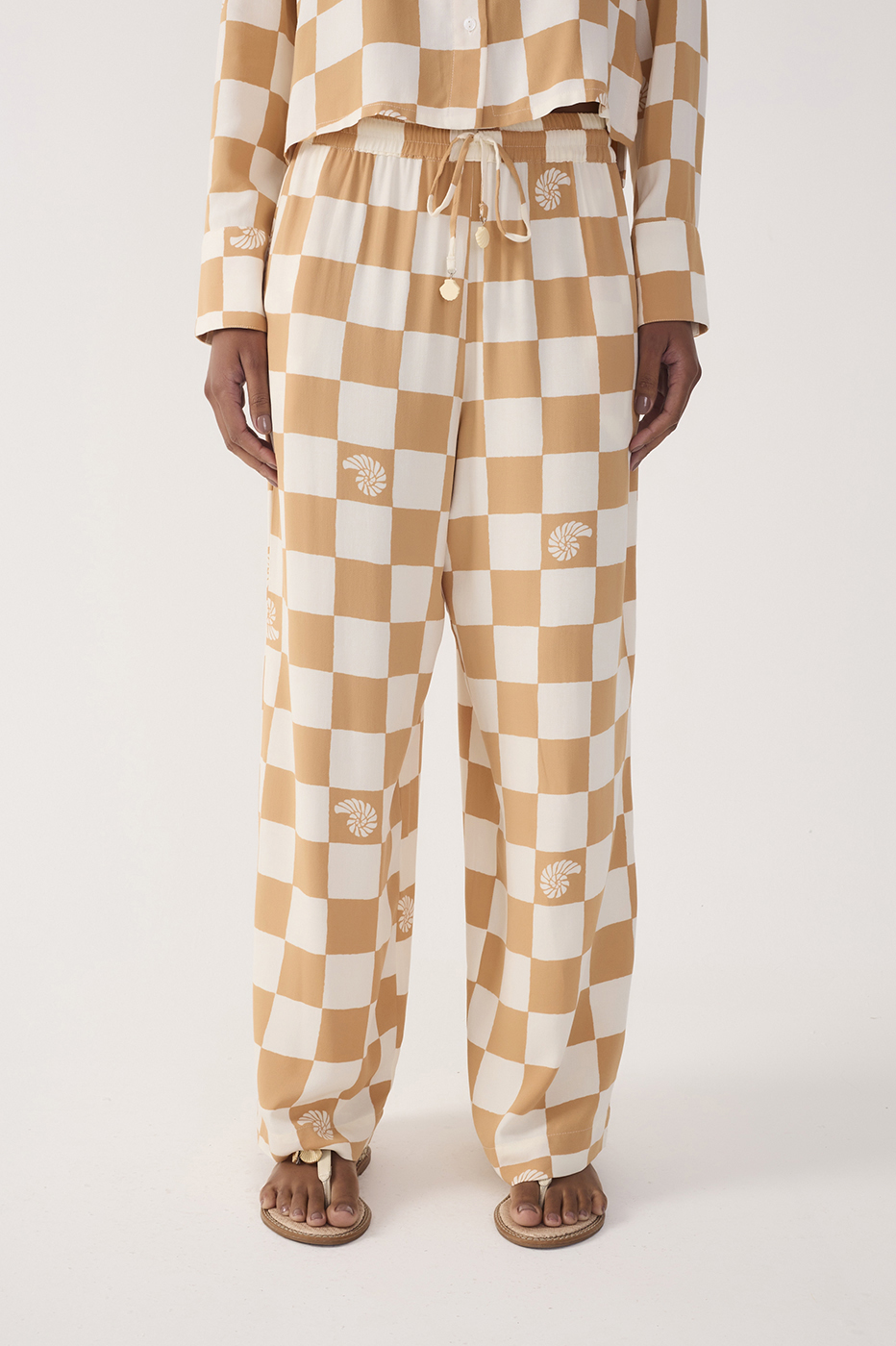 Brown Concha Plaid Drawstring Pockets Wide-Leg Pants