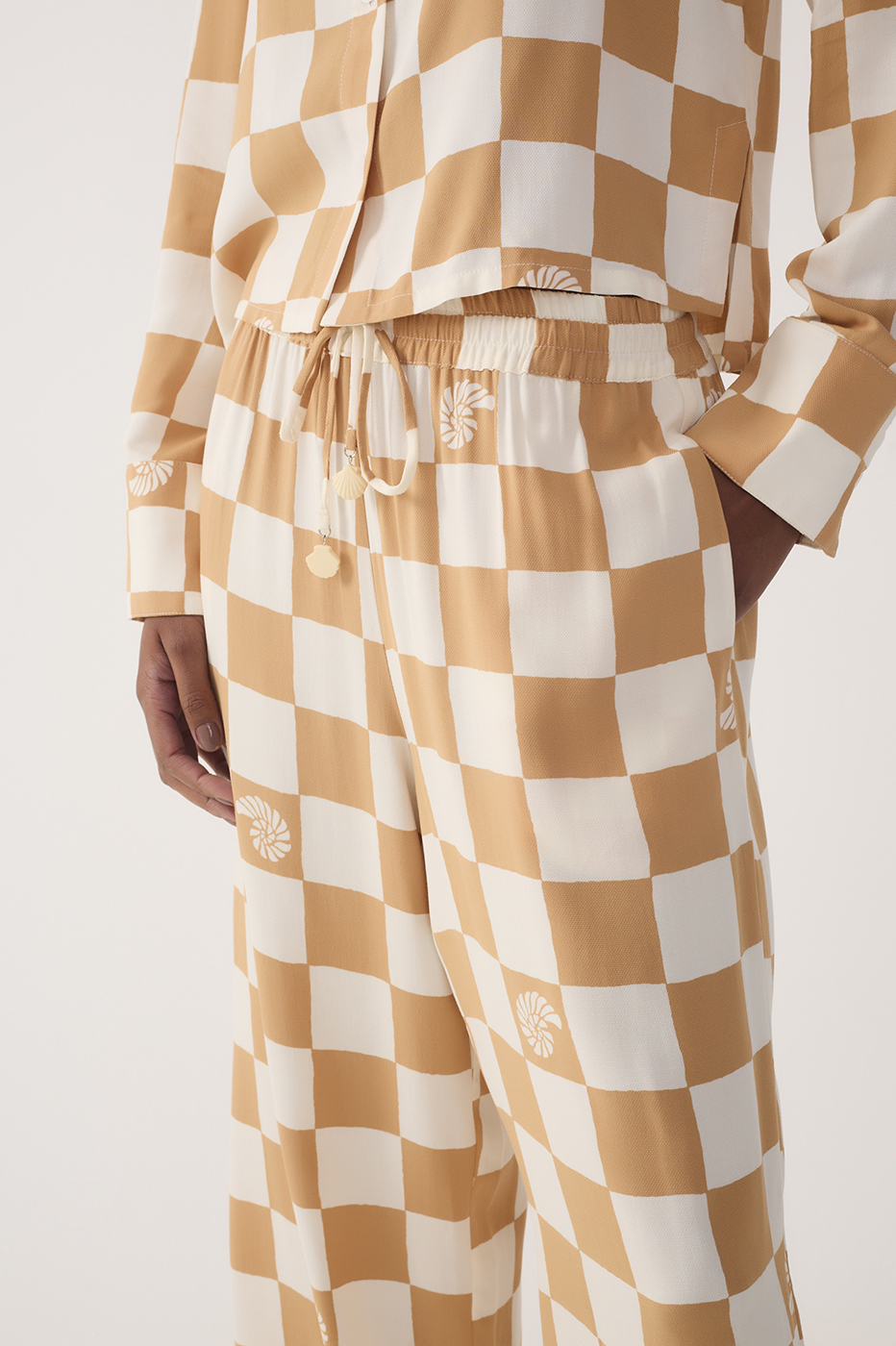 Brown Concha Plaid Drawstring Pockets Wide-Leg Pants