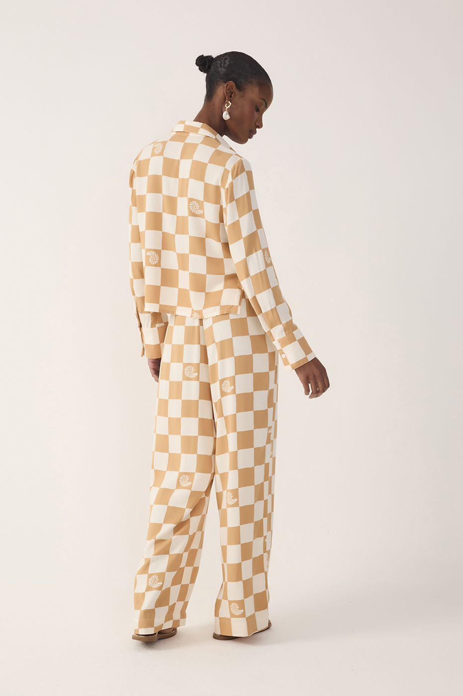 Brown Concha Plaid Drawstring Pockets Wide-Leg Pants