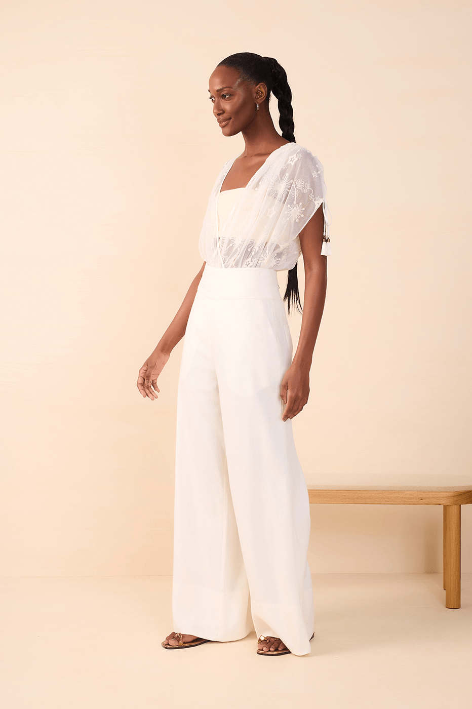 Off-White Linen Wide-Leg Pants