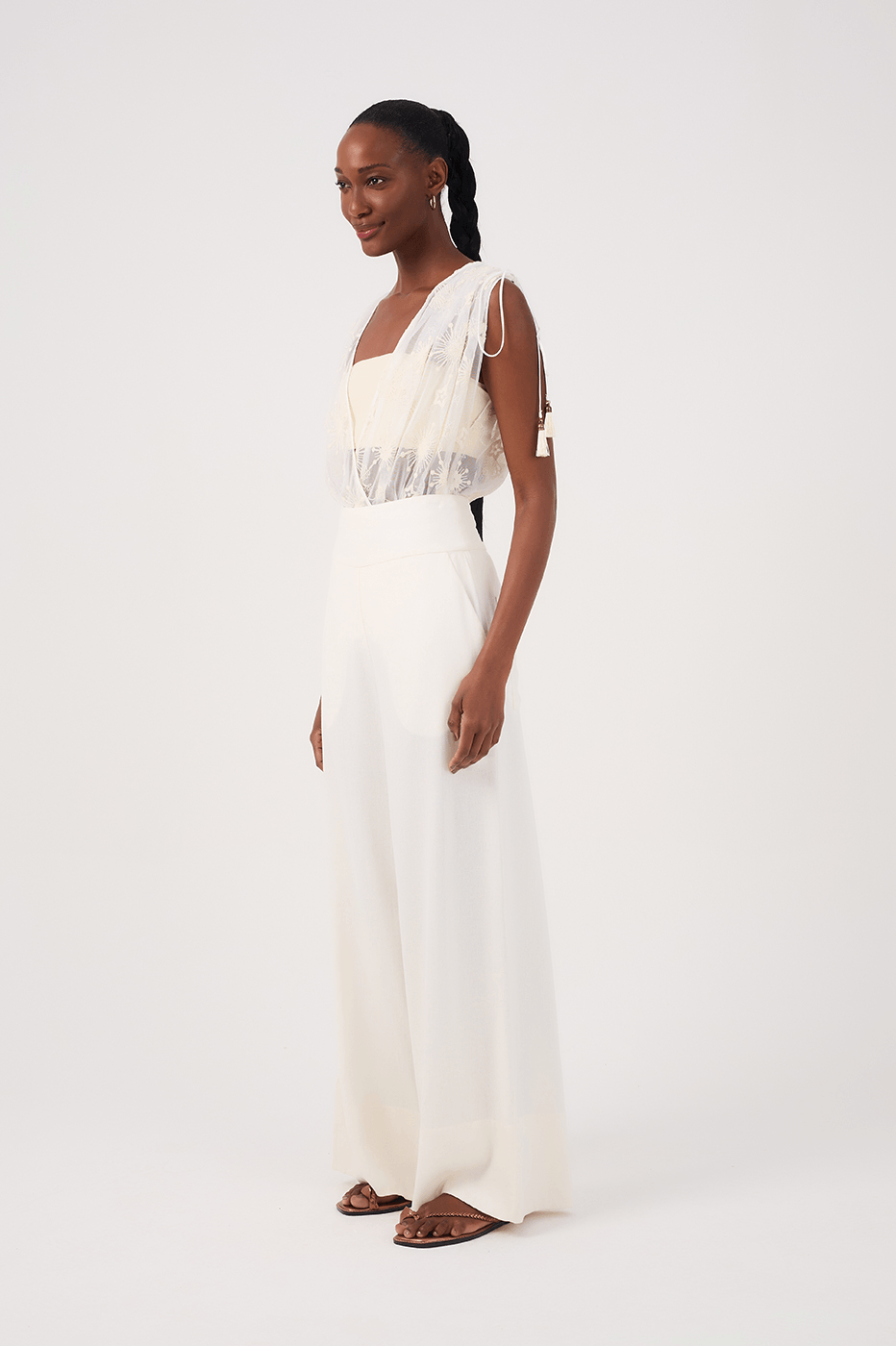 Off-White Linen Wide-Leg Pants