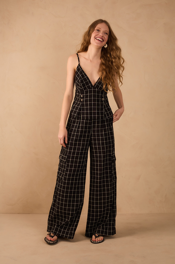 Black Pinstripe V Neck Side Pockets Linen Pants