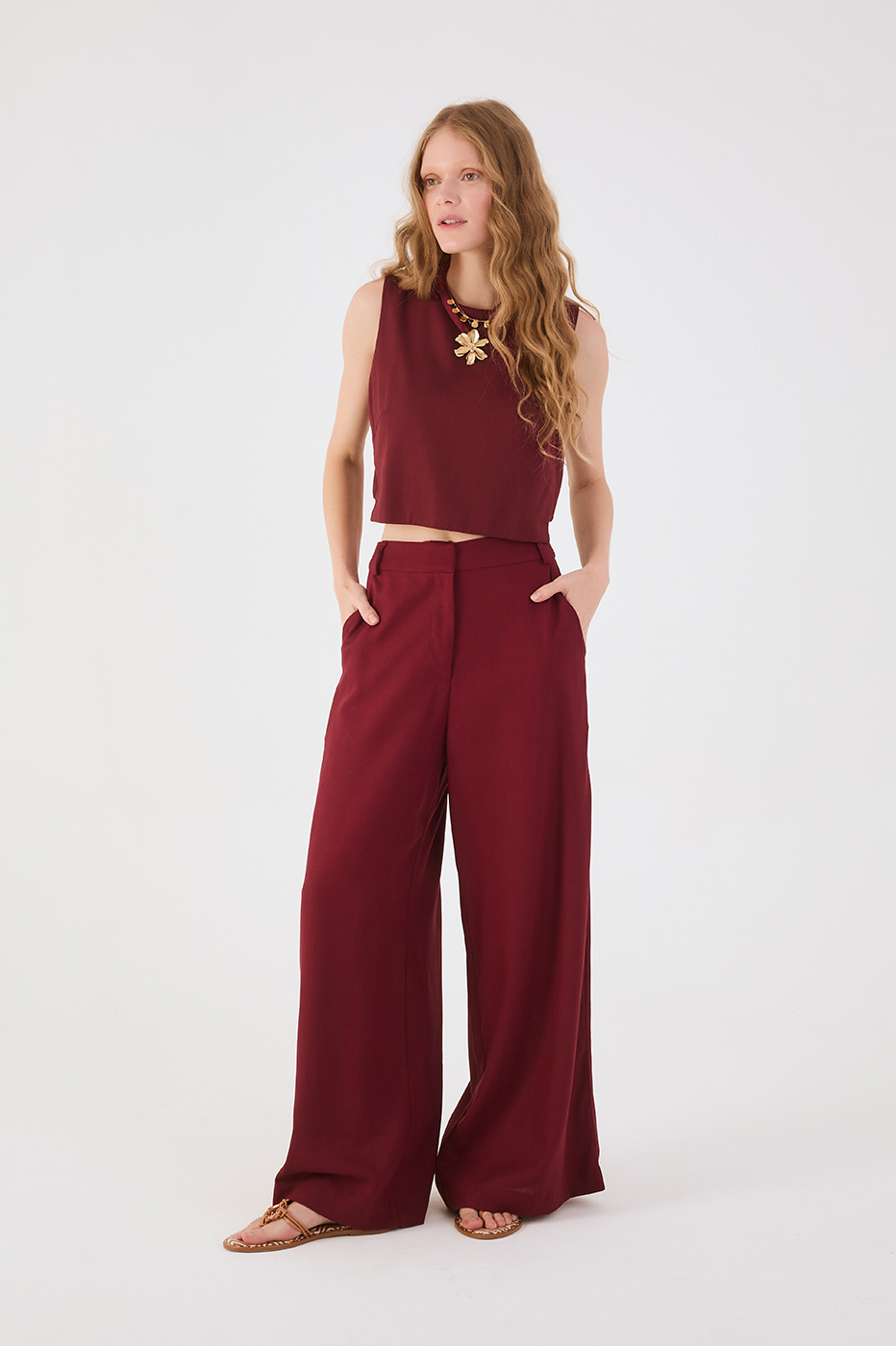 Wine Bossa Wide-Leg Linen Pants