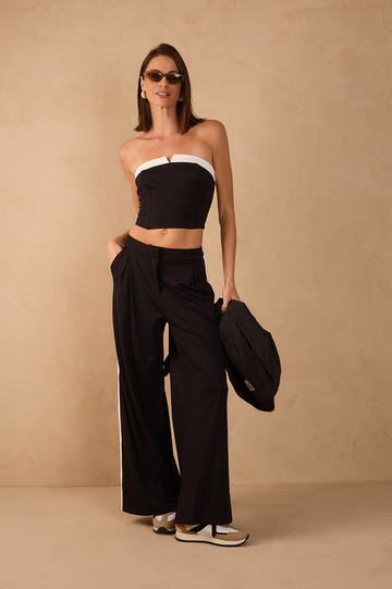Black Bicolor Pockets Wide-Leg Tailored Pants