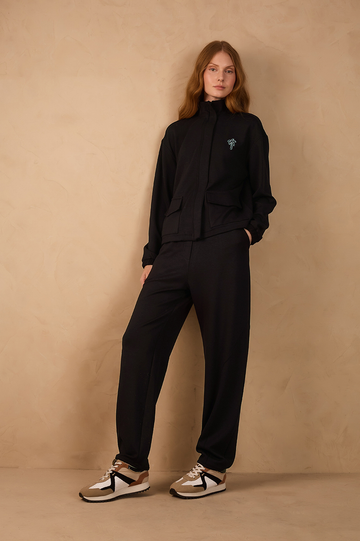 Black Elastic Waist Ribbed Pants