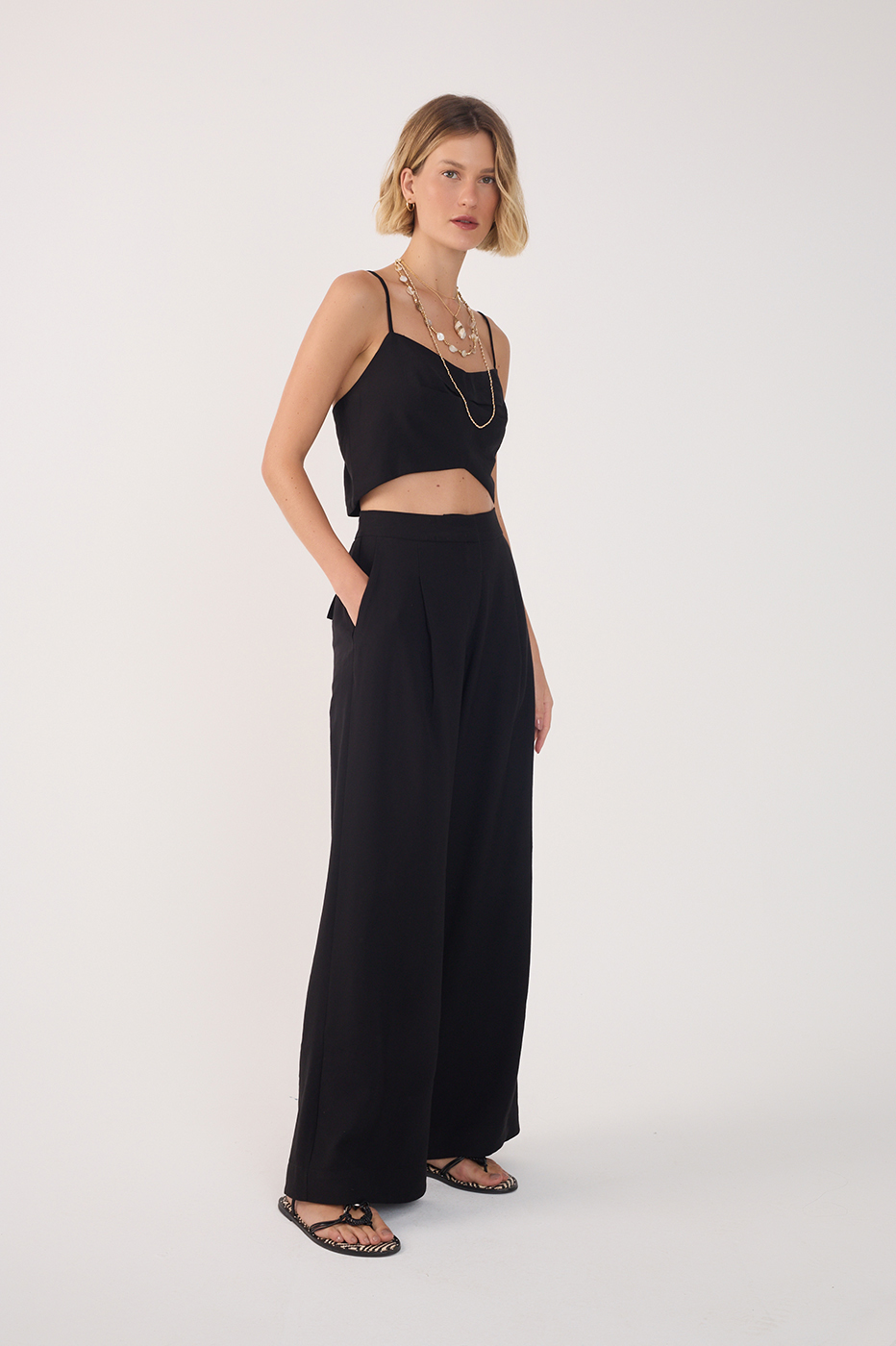 Pleated Lapel Pocket Pants
