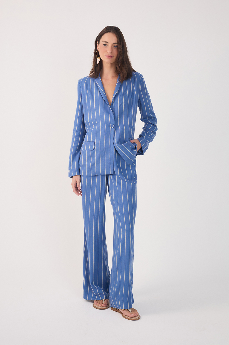 Blue Pleated Wide-Leg Linen Pants