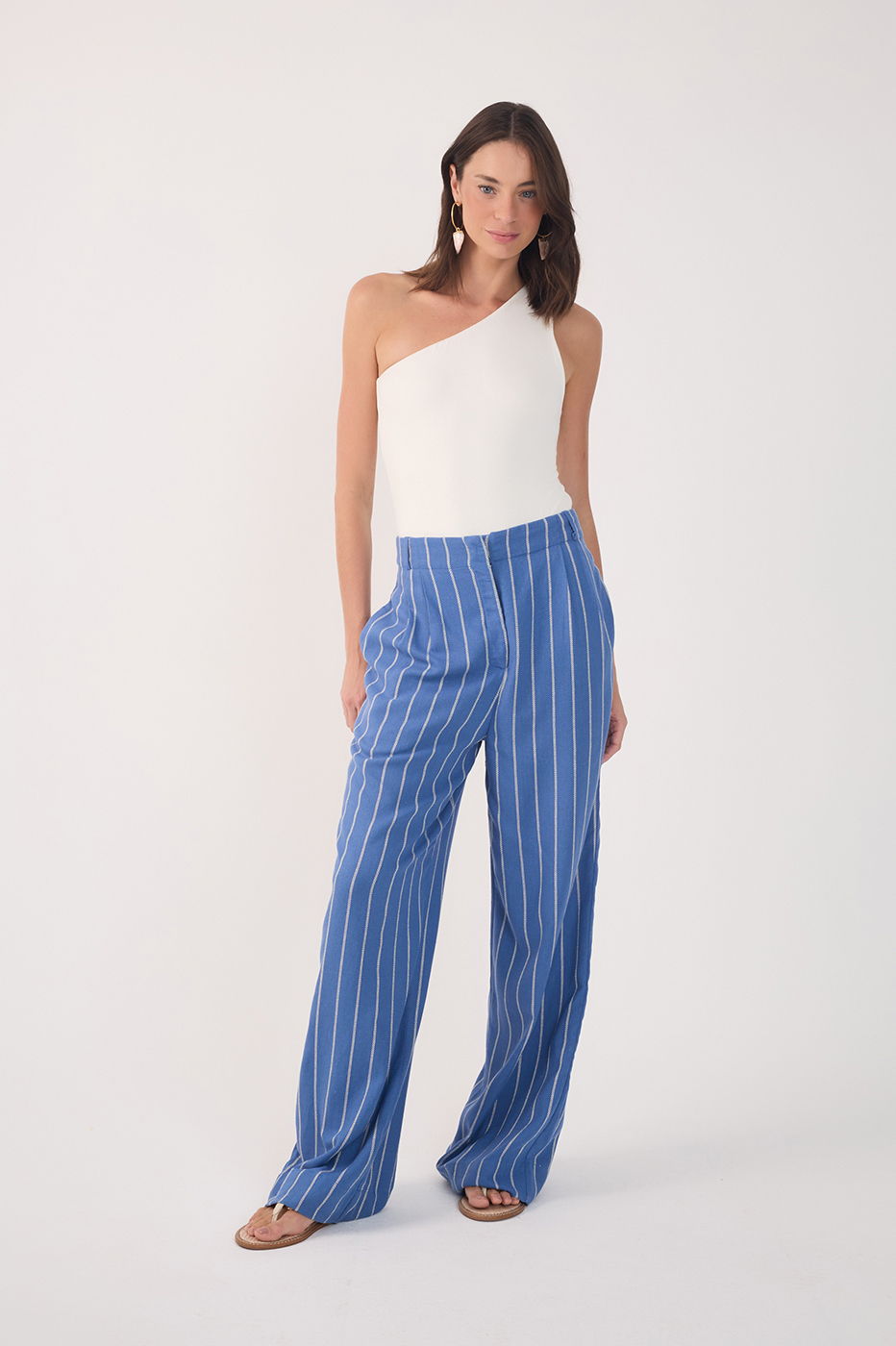 Blue Pleated Wide-Leg Linen Pants