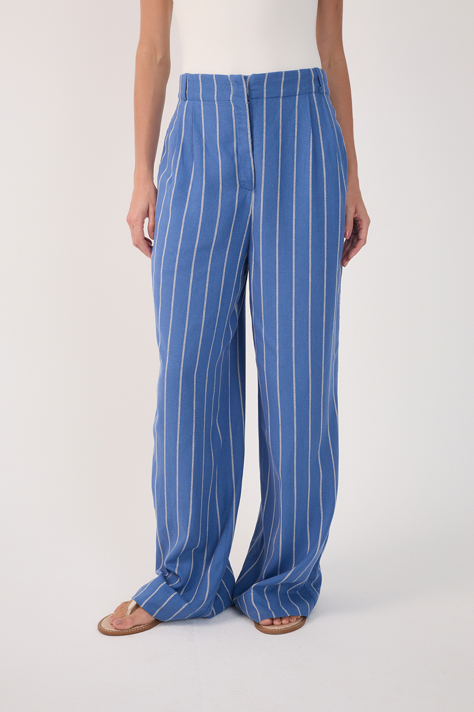 Blue Pleated Wide-Leg Linen Pants