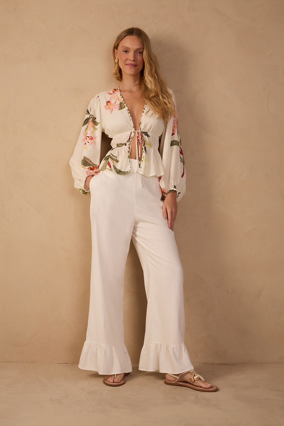 Straight Linen Ruffle Hem Pants