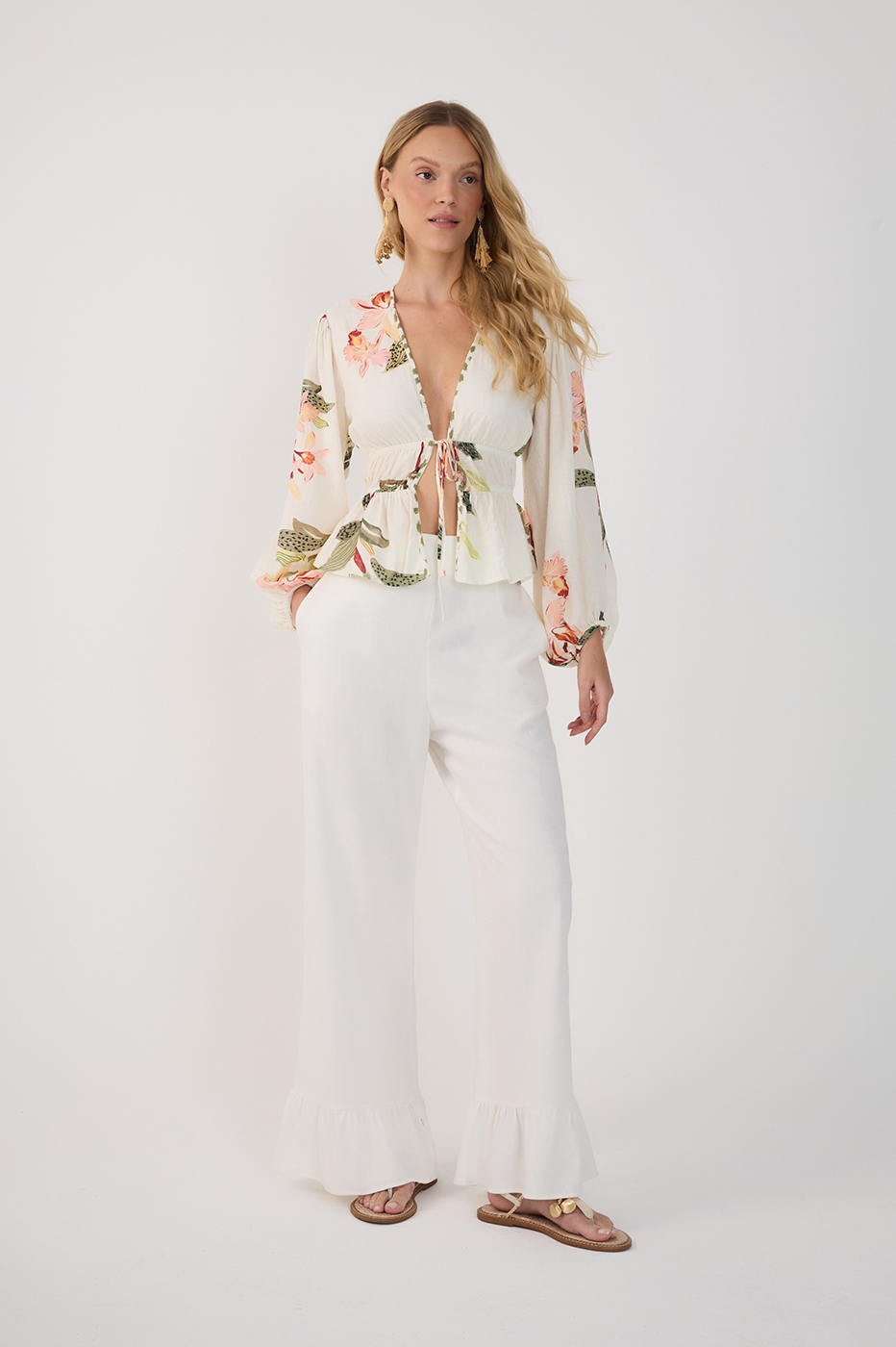 Straight Linen Ruffle Hem Pants