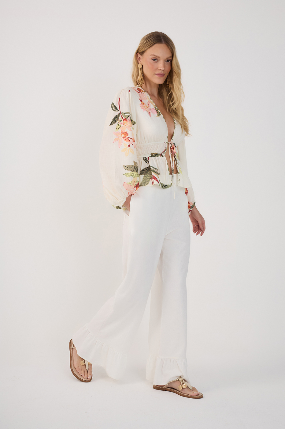 Straight Linen Ruffle Hem Pants