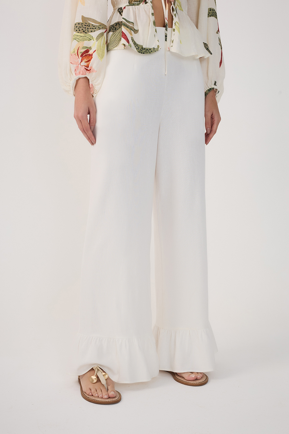Straight Linen Ruffle Hem Pants