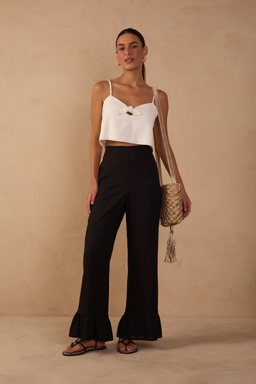 Straight Linen Ruffle Hem Pants