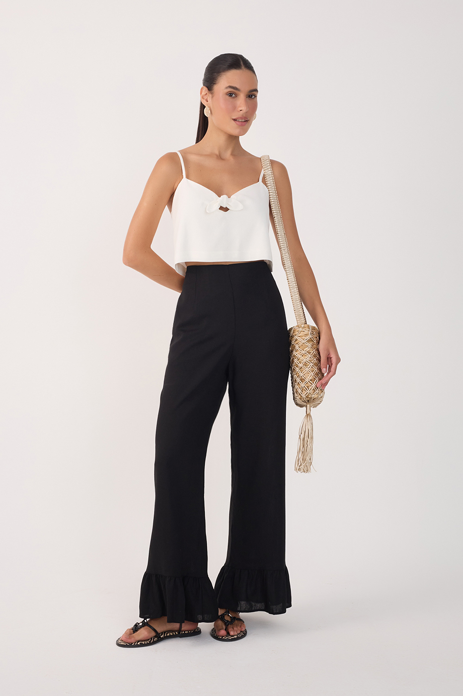Straight Linen Ruffle Hem Pants