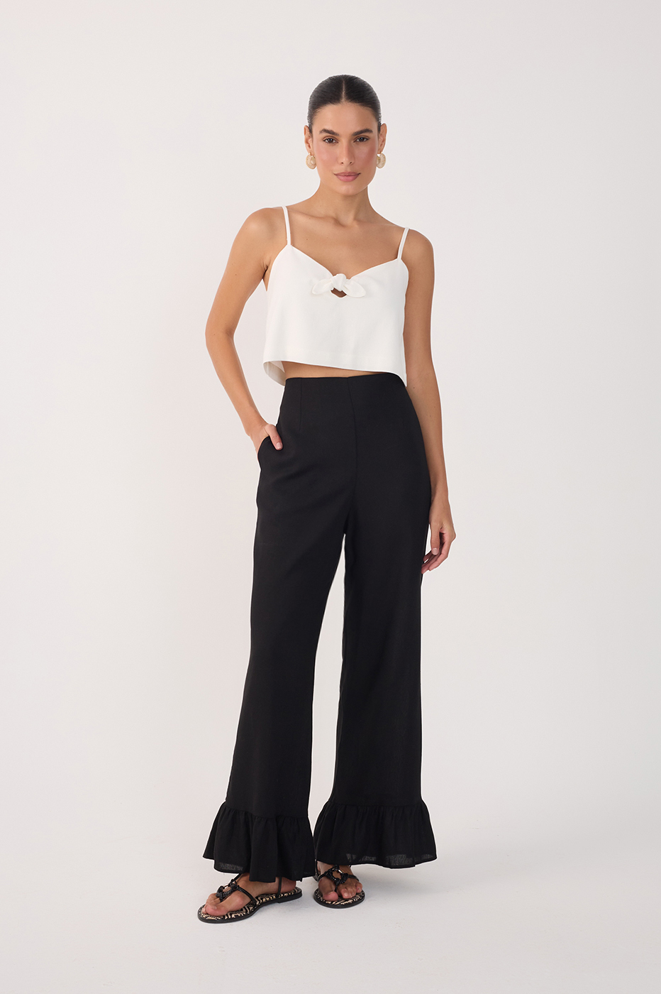 Straight Linen Ruffle Hem Pants