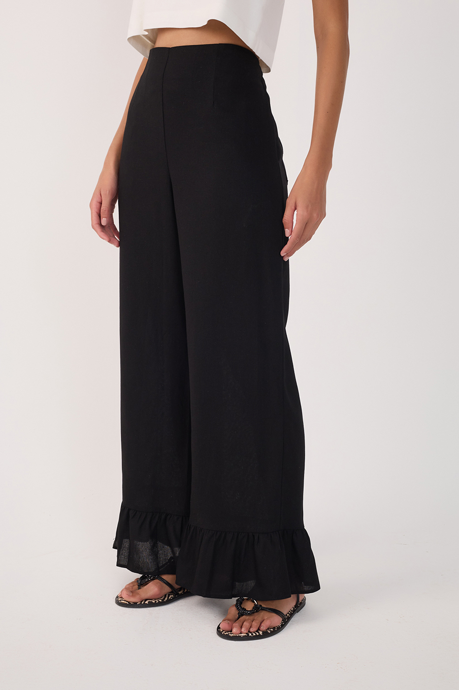 Straight Linen Ruffle Hem Pants