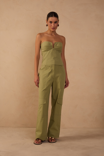 Green Rivet Pockets Wide-Leg Pants