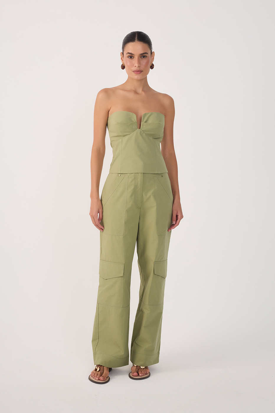 Green Rivet Pockets Wide-Leg Pants