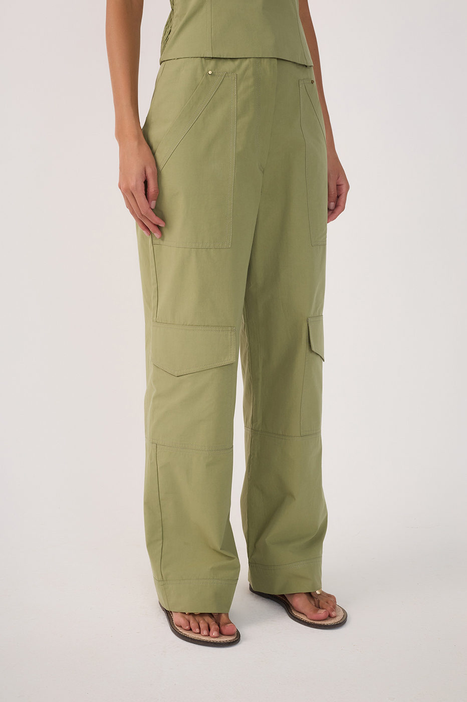 Green Rivet Pockets Wide-Leg Pants