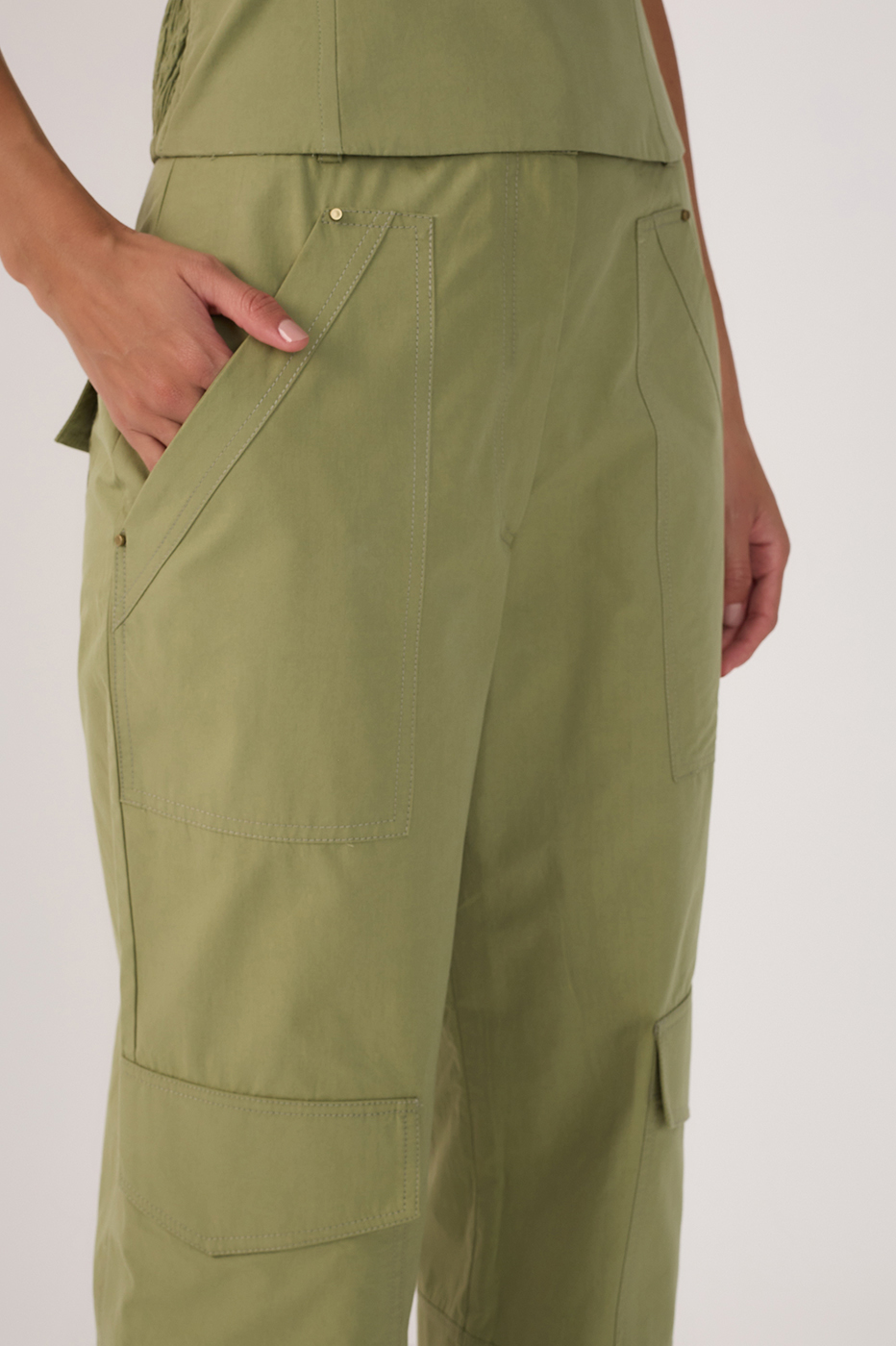 Green Rivet Pockets Wide-Leg Pants