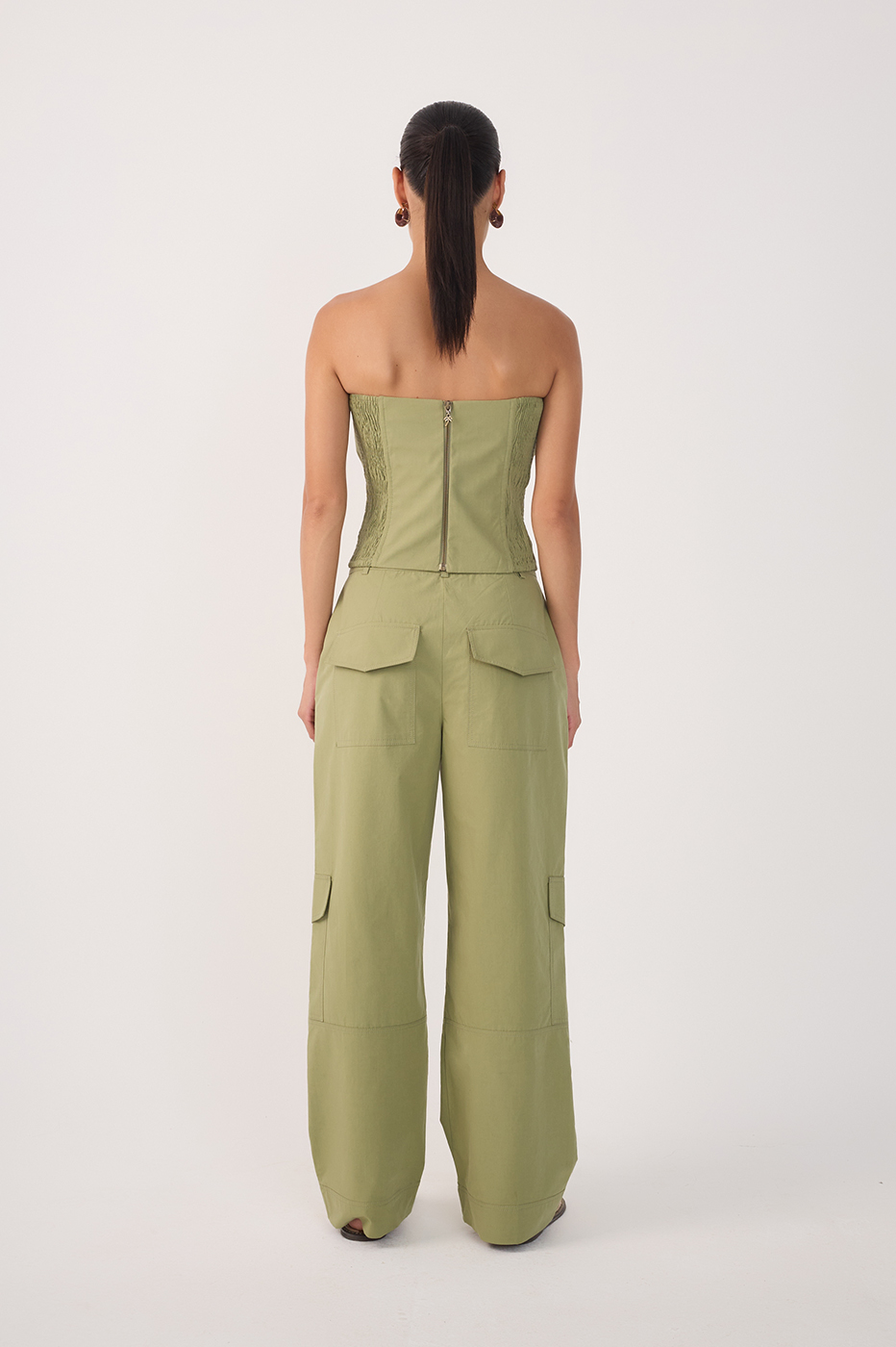 Green Rivet Pockets Wide-Leg Pants