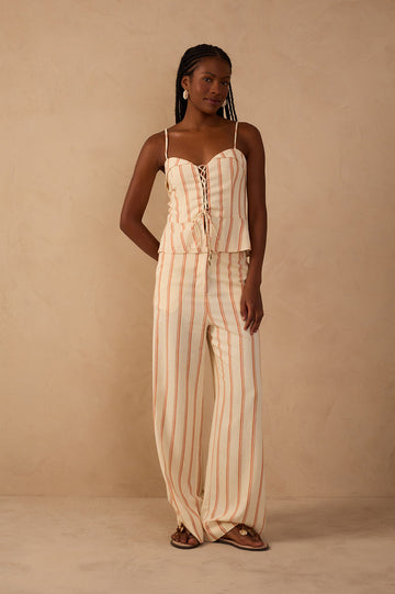 Beige Stripes Pockets Wide-Leg Pants