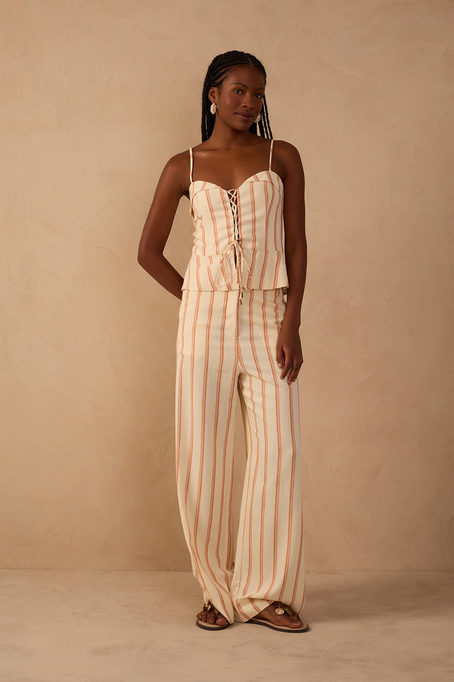 Beige Stripes Pockets Wide-Leg Pants