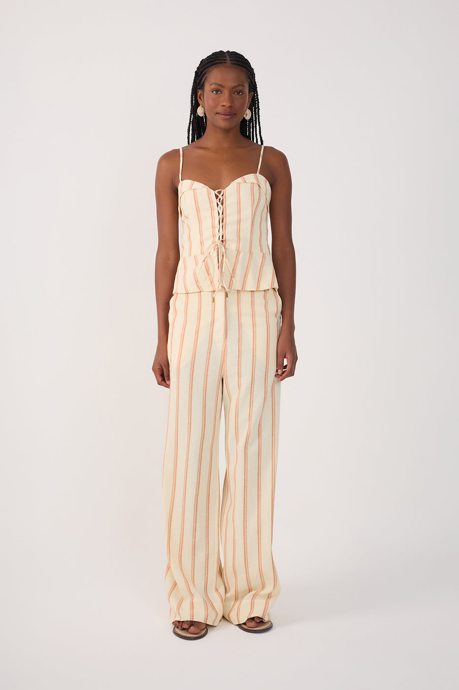 Beige Stripes Pockets Wide-Leg Pants