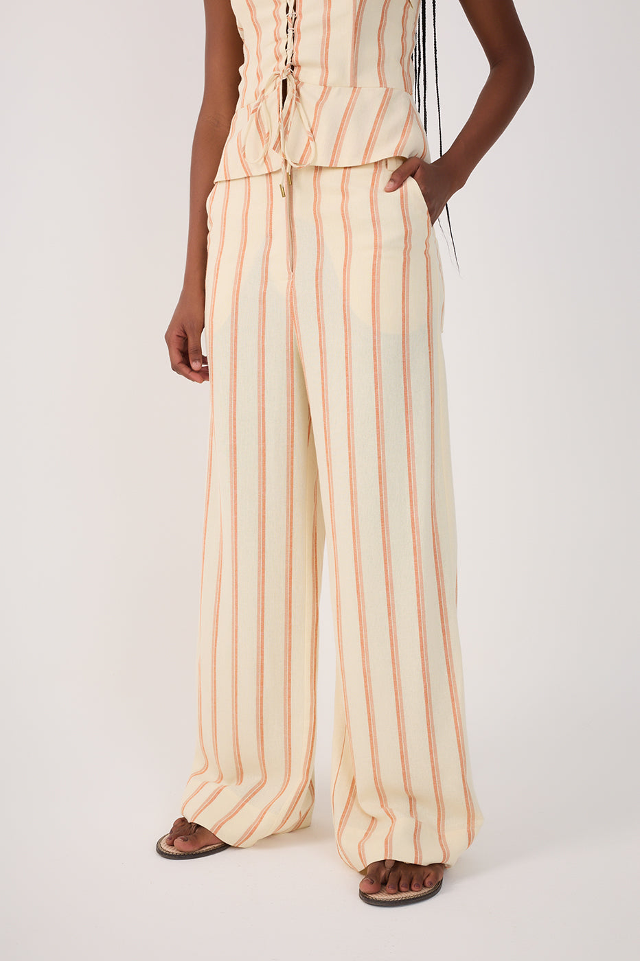 Beige Stripes Pockets Wide-Leg Pants