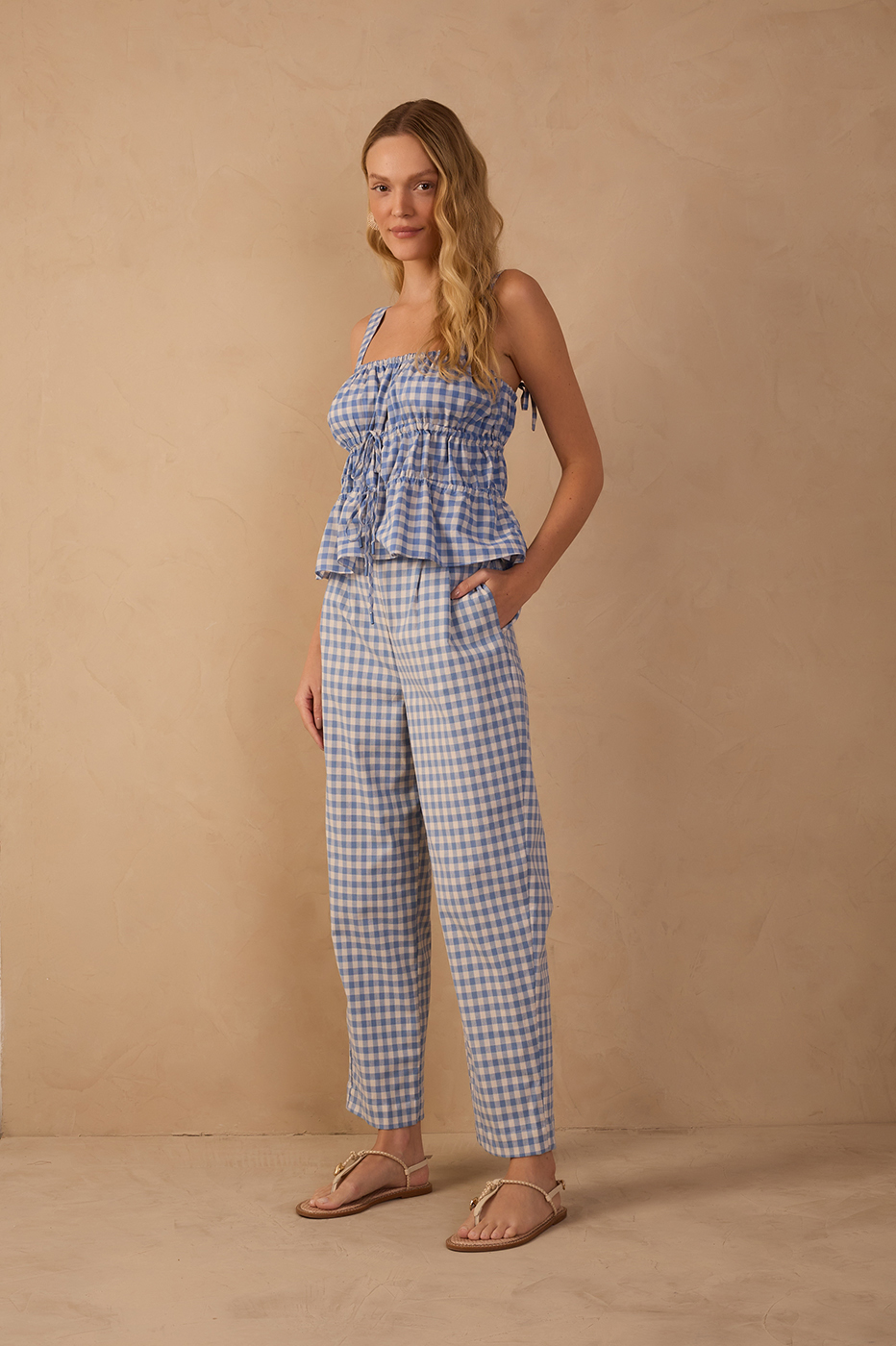 Blue Vichy Elastic Waist Carrot Pants