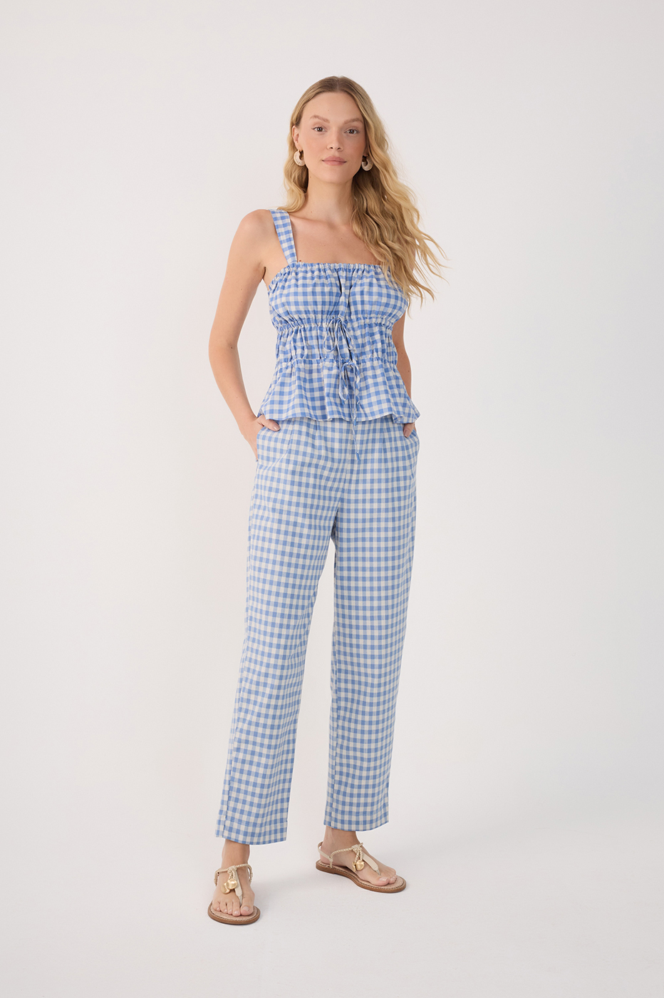Blue Vichy Elastic Waist Carrot Pants
