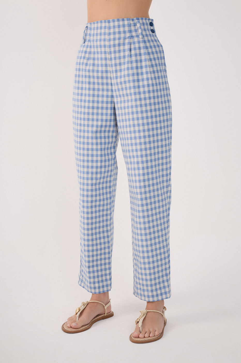 Blue Vichy Elastic Waist Carrot Pants