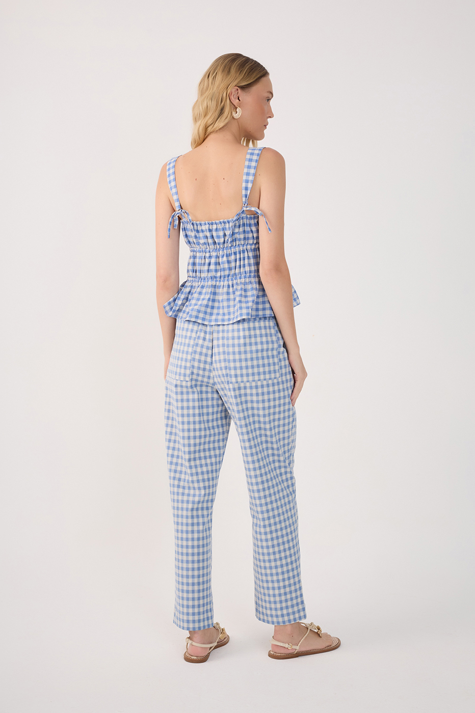Blue Vichy Elastic Waist Carrot Pants