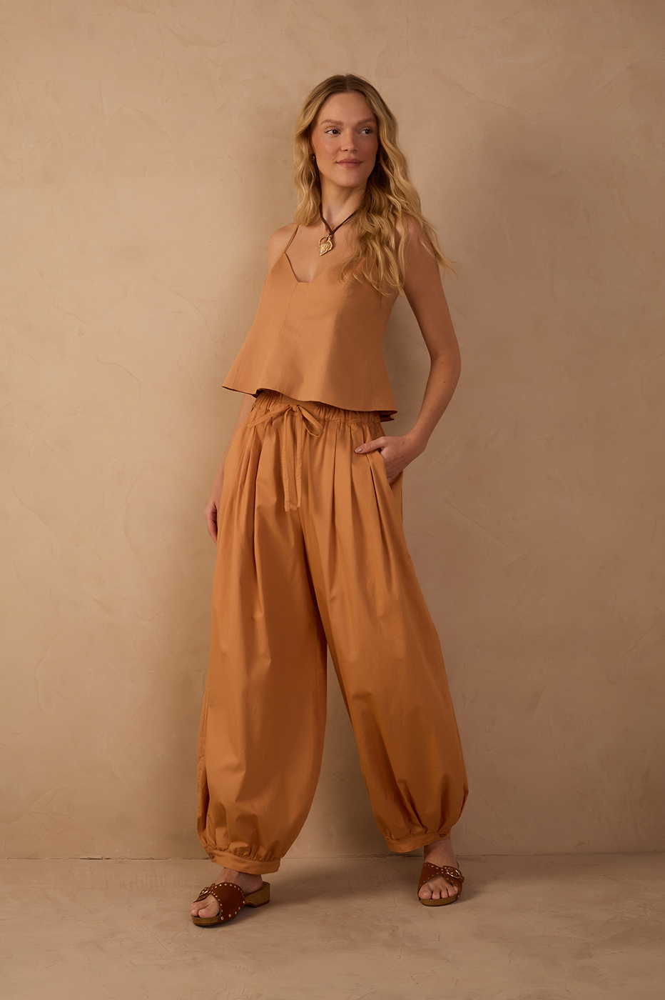 Beige Drawstring Pockets Balloon Pants