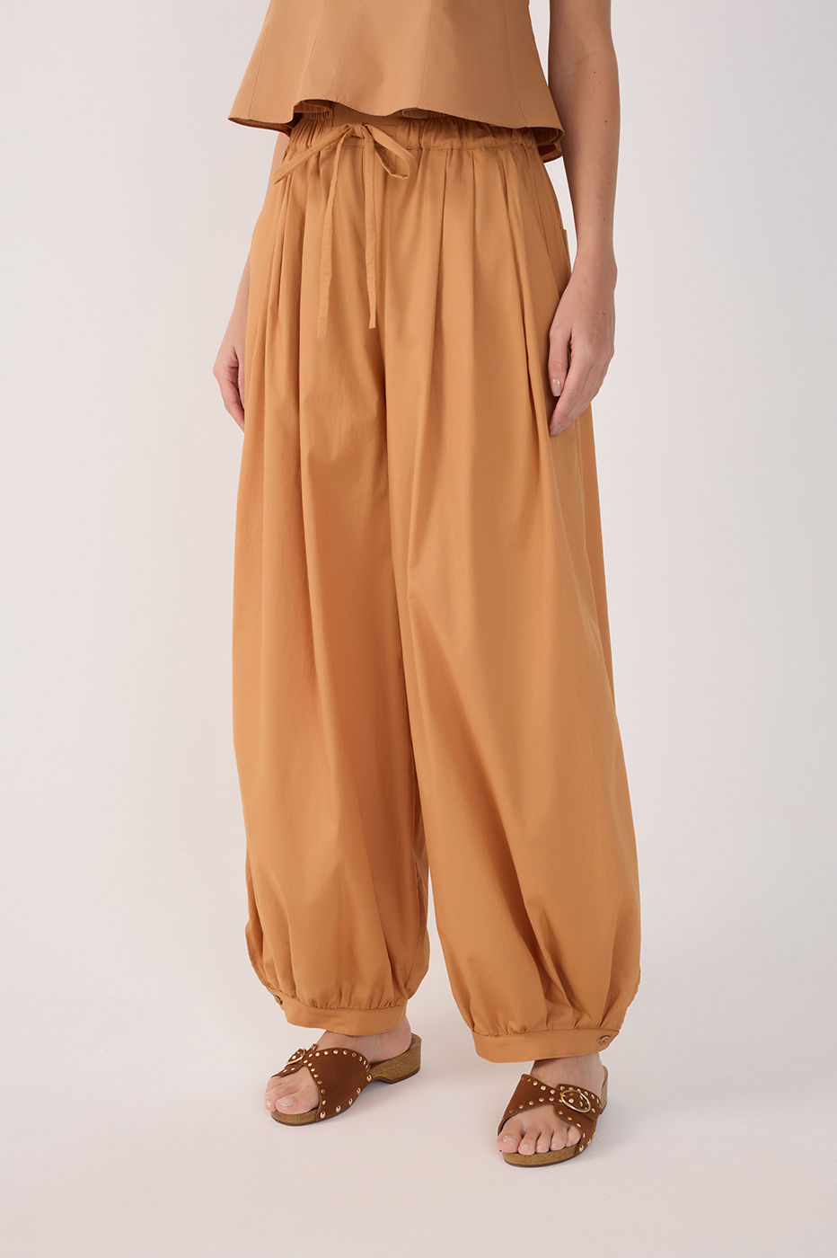 Beige Drawstring Pockets Balloon Pants