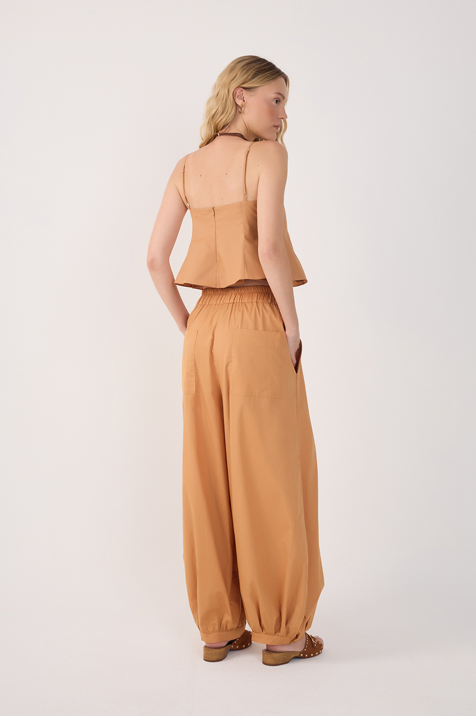 Beige Drawstring Pockets Balloon Pants