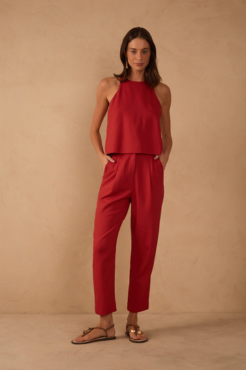Red Side Pockets Linen Carrot Pants