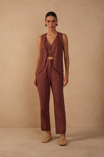 Brown Side Pockets Linen Carrot Pants