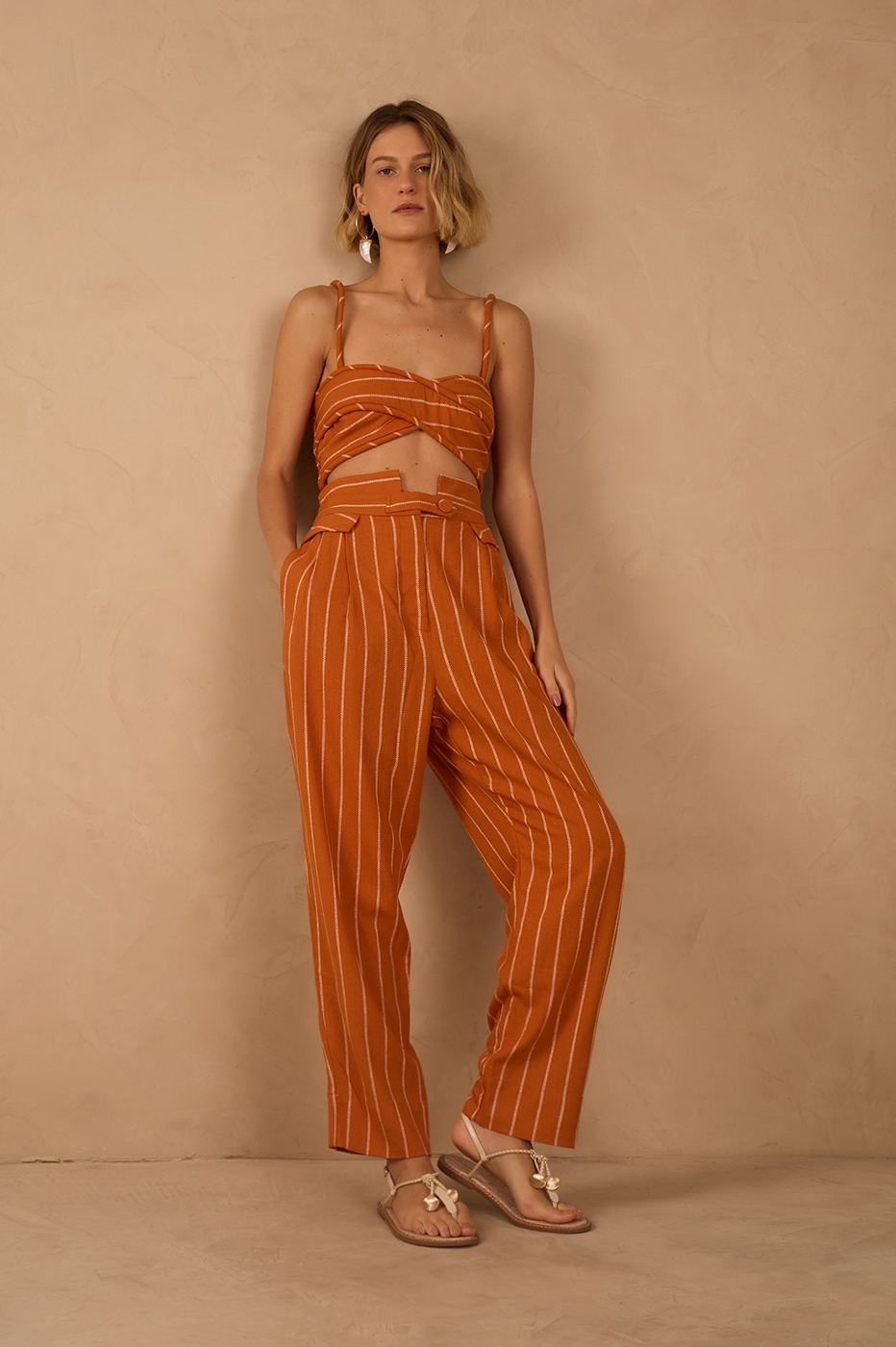 Ochre Striped Pleated Wide-Leg Pants